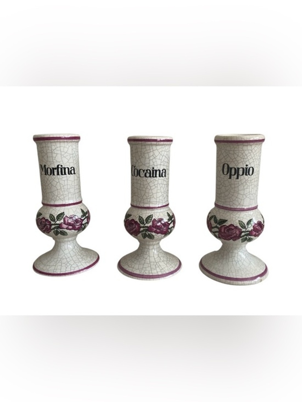 Rare Set of 3 Vintage Herr Keramik German Apothecary Jars Cocaina Morfina Oppio